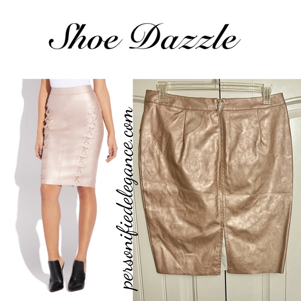 NEW Shoe Dazzle Rose Gold Faux Leather Lace Up Straight Skirt Size XXL